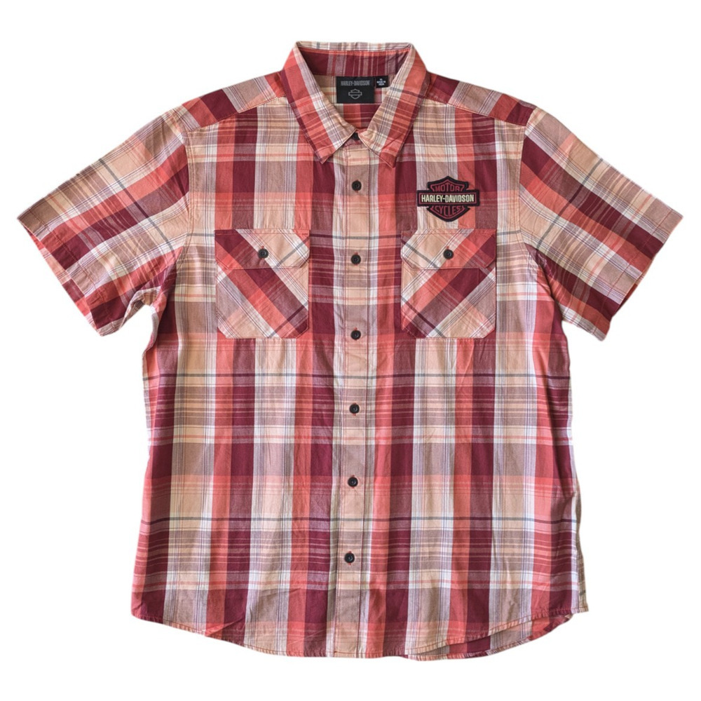 Harley Davidson Mens XL Orange Plaid Short Sleeve Bar Shield Cotton Shirt